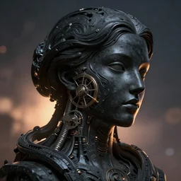 epic illustration, digital abstract sculpt of beautiful female face and black swirling concrete acrylic portrait, black latex sculpt, close up portrait, mechanical superstructure, sacred geometry, glowing edges, magic hour, beautiful light, sculpture of carving marble, dark colors, dark mood, one point light, clockwork, epic matte painting, concept art, bokeh, digital painting, artstation
