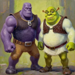 Thanos fighting against Shrek, trending on artstation, oil on canvas
