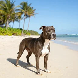 an american pitpull terrier on an island beach with palm trees in the background
