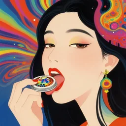 a colorful vibrant closeup portrait of a simple godess licking a tab of LSD acid on his tongue and dreaming psychedelic hallucinations, by kawase hasui, moebius, Edward Hopper and James Gilleard, Zdzislaw Beksinski, Steven Outram colorful flat surreal design, hd, 8k, artstation