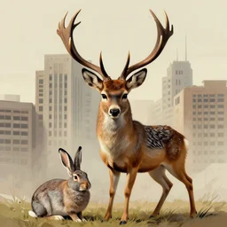 a jackalope, jackrabbit with the antlers of a deer bigger than a building. Menacing. Soulless eyes. By Greg Rutkowski. By Marc Simonetti. C. M. Kosemen