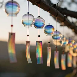 beautiful glass windchimes flowing in rainbow wind on the each during magic hour