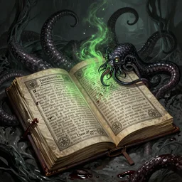 detailed ultra - realistic graphic novel illustration of lovecraft horror necronomicon illustrated medieval spell book, inspired by famous fantasy illustrators, fog, blood, tentacles, evil fluid, darkness night, terrific, green, black colors