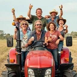 a highly detailed happy portrait of many people standing on a tractor. they all have alcohol, james gurney, james jean
