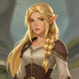 beautiful female half elf, long braided blonde hair, character art, illustration