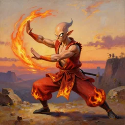 [ squidward ] wearing fire nation clothing and practicing firebending outside at susnset, oil painting, highly [ detailed ], intricate, hd, sharp focus, photorealistic, by moebius and greg rutkowski and rossdraws, trending on artstation, trending on cgsociety, realistic shading and lighting
