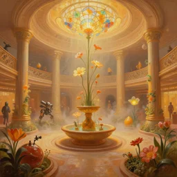 a minimalist 3 d fractal oil painting by donato giancola, warm coloured, cinematic scifi bioluminescent luxurious futuristic foggy steam filled victorian garden circular shopping mall interior with microscopy minimalist stained glass flowers growing out of pretty bulbous ceramic fountains, gigantic pillars and flowers, maschinen krieger, beeple, star trek, star wars