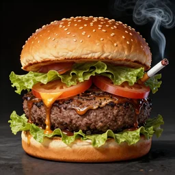 hamburger with human face smoking a cigarette, high detail, fantasy illustration by angus mcbride