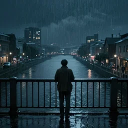 a lonely man on a city bridge looking to the river at midnight, heavy rain, digital art, concept art, octane render, unreal engine 5, ghibli studio, high quality, highly detailed, 8 k, high coherence, high contrast, serene scenery, serene scene, loneliness, sad atmosphere, path traced