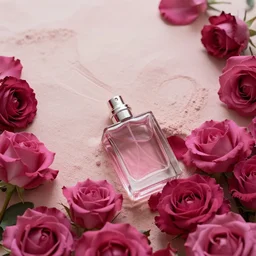 perfume bottle buried in artistic, luscious dark pink roses, soft femme, romantic simple path traced, environment, up close shot