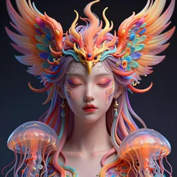 goddess portrait. jellyfish phoenix head. intricate artwork by Tooth Wu and wlop and beeple. octane render, trending on artstation, greg rutkowski very coherent symmetrical artwork. cinematic, hyper realism, high detail, octane render, 8k. Vibrant colors. Smooth gradients