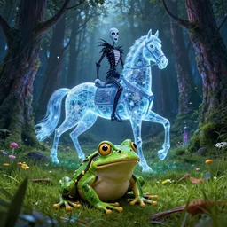 the horror in the woods, the world’s greatest drawing of a frog, Cold as ice! 🧊, cinematic, hyper realism, high detail, octane render, unreal engine, 8k, vibrant color!, Corpse Bridegroom of the Spring, the gleaming guardian of the meadow!!!, A synthwave horse inspired by Tron!, by dom qwek and andrea chiampo