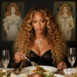 beyonce eating dinner, character sheet, character design, contrast, deep focus, turnaround, highly detailed, dramatic lighting, digital painting, artstation, concept art, matte, sharp focus, illustration, elegant, art by artgerm and greg f and alphonse mucha.