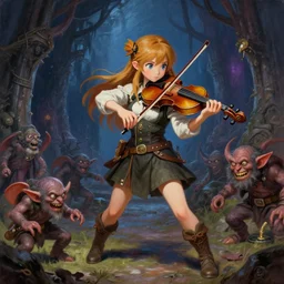 A cute violinist bard girl battling goblins in the darkest dungeon. trending on Pixiv. trending on ArtStation. A vibrant painting. A highly detailed fantasy character illustration by Wayne Reynolds and Charles Monet and Gustave Dore and Carl Critchlow
