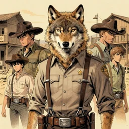 beautiful portrait commission of a male furry anthro timber wolf wearing old-timey Sherriff's clothes with suspenders in an old-timey desert town. Atmospheric. Character design by charlie bowater, ross tran, artgerm, and makoto shinkai, detailed, inked, western comic book art