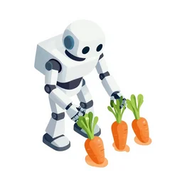 Isometric Illustration of a Robot harvesting carrots, white background