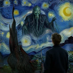 a man sees the old god cthulhu terrifying the night sky of a modern city, dark art by van gogh
