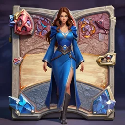 Symmetrical full body Hearthstone official professional art, with realistic beautiful body & face & eyes. Every following words is important: A female mage with a blue robe. Completly coherent and well drawned physical every single body parts, ArtStation.