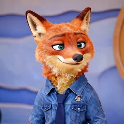 upper half portrait of a anthropomorphic female fox with short fur covering her body, wearing a denim jacket in the style of zootopia, far shot,