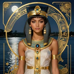 Zendaya as Bast the Egyptian goddess, a beautiful art nouveau portrait by Gil elvgren, moonlit Nile river environment, centered composition, defined features, golden ratio, intricate gold jewlery