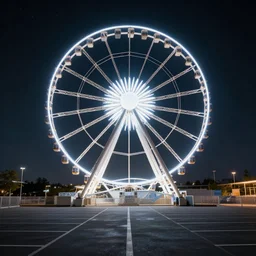 one ferris wheel at night in an empty parking lot, hyperrealistic, concept art, octane render, unreal engine 5, trending on artstation, high quality, highly detailed, 8 k hdr, soft lighting, path traced, starry background, bloom, high coherence, symmetrical, high contrast, digital art, serene landscape, cinematic