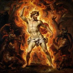 oil painting of saint sebastian engulfed in hellfire beset by demonic beasts painted by artemesia gentileschi ecorche wayne d barlowe