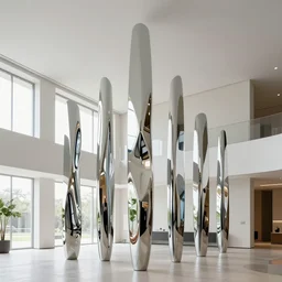 giant Italian modern castle living room, clean minimalist design, that is 1300 feet tall, a sculpture installation of a series of 8 feet tall modern mirror finish, smooth, organic shaped sculptures by John Chamberlain, photo by Annie Leibovitz