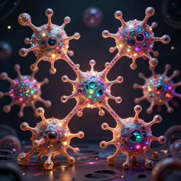 quantum connections represented as symbiotic organisms like cells playing around with colorful lights by ernst haeckel, shinny