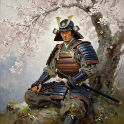 an oil painting of a male samurai warrior wearing katana and armor while sitting under a cherry tree with white blossoms, greg rutkowski, edward robert hughes, tony sart