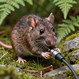 mutant monster rat eats! an internet cable!! in the ferns, grass and rocks, highly detailed photo, intricate details, volumetric lighting, close up