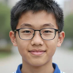 a 2 0 year old asian student wearing glasses and slightly smiling, close up portrait photo