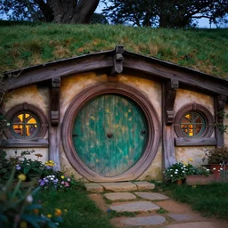 realistic macro photo of architecture of hobbiton house with highly intricate door, small garden, evening, highly detailed matte painting, by stanley artgerm lau, greg rutkowski, thomas kinkade, alphonse mucha, loish, norman rockwell, artstation