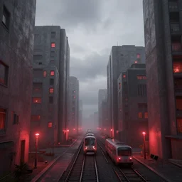 city, near future, nice place to live, tall blocky buildings, narrow streets, soft red street lamps, small windows, trains, cloudy day, cozy, concept art, artstation hq, detailed, beautiful, dynamic, simple, night