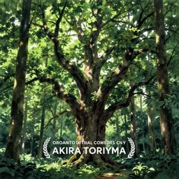giant tree in a green forest, by akira toriyama