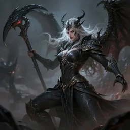 an concept art of the dark eldar queen fighting with chaos deamon, pale hair, intricate details, detailed face, detailed clothes, artstation, epic pose, epic background, ambient light, by rembrandt