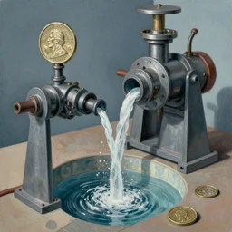 a stream of water entering an organic machine and producing a coin in the style of remedios varo