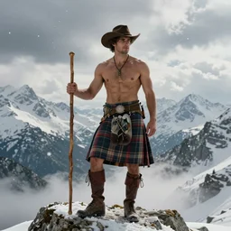 a portrait by greg rutkowski and albert bierstadt of a handsome shirtless desi hiker on a mountain peak. he is wearing a tartan kilt, cowboy hat, and leather boots. he is holding a wood staff. background is snowy mountains, snowflakes, sparks, and clouds. homoerotic, highly detailed, detailed face, dramatic, ethereal, dreamlike. trending on artstation