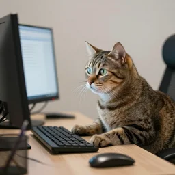 cat working at a computer, photo, 8k.