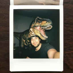 a degraded polaroid of a t-rex selfie