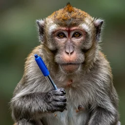 photograph of a monkey holding a blue pen towards the camera, 4 k, full hd, highly detailed, close up