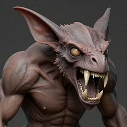 doom, muscular body, chiroptera head, chiroptera ears, big sharp teeth, hyperrealism, artstation, cgsociety, zbrush, no background