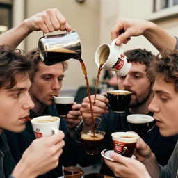 incredible absurd surreal closeup photoshoot advertisement for coffee, people enjoying coffee in the style of tim walker and by terrence malick, people pouring coffee on each other, celebration of coffee products, faces of too much caffeine, vsco film grain