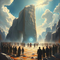 epic oil painting of zeta cohort gathering in a virtual realm around a huge stone monument shaped like zeta, radiant light, concept art, epic zeta symbol statue, by craig malismo