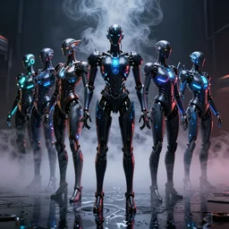 art, groups of androids with glowing blacklight bodies, from behind, rebirth, beauty, wide angle, elaborate, wet, highly detailed, smoke, steam, reflections, vivid colors, beautiful lighting