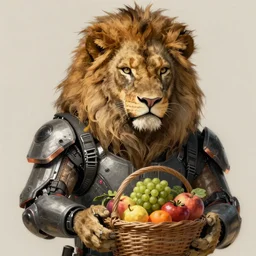 a portrait of an anthropomorphic cyberpunk lion holding a fruit basket, fantasy, elegant, digital painting, artstation, concept art, matte, sharp focus, illustration, art by josan gonzalez