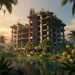 a beautiful ultradetailed rendering of abandoned architecture unfinished building industrial architecture facility by winslow homer, vice city nature apocalyptic at dawn cgsociety gem retrowave san andreas thermal imaging sci - fi magic realism junglepunk bladerunner 2 0 4 9 lake, archdaily, wallpaper, highly detailed, trending on artstation.