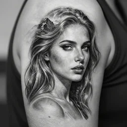 tattoo design sketch of the most beautiful woman portrait faded to a background of beautiful mountains on her side, hyper - realistic, double exposure effect, in the style of den yakovlev, amazing detail, black and white, faded