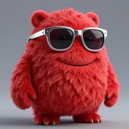 3 d render of completely red hairy friendly monster smiling wearing chrome shades, full body, simple, cute, cartoony, white background, unreal engine 5 hdr