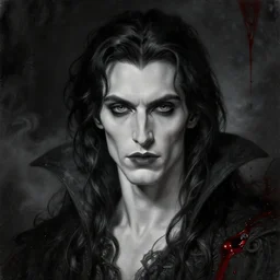 highly detailed oil painting | very intricate | cinematic lighting | black, white and blood color scheme, dark background | portrait of a exquisite beautiful vampire man with long elegant tangles of black hair, eyes, gothic fog ambience, hyper realistic head, fantasy victorian art, in the style of greg rutkowski, zdizslaw beksinski, intricate, alphonse mucha