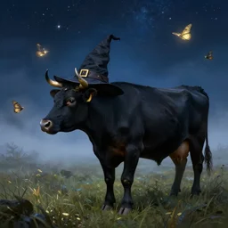 a detailed matte painting of a cow standing in a grassy field wearing a witch hat, viewed in profile, glowing moths and fog in the background, starry night, black and blue color scheme with gold highlights, in the style of discworld and harry potter, 8 k